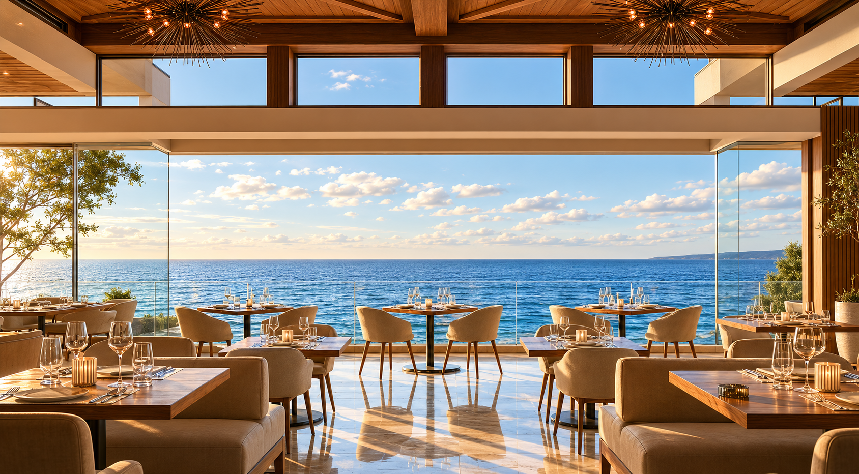 Oceanfront fine dining room at golden hour