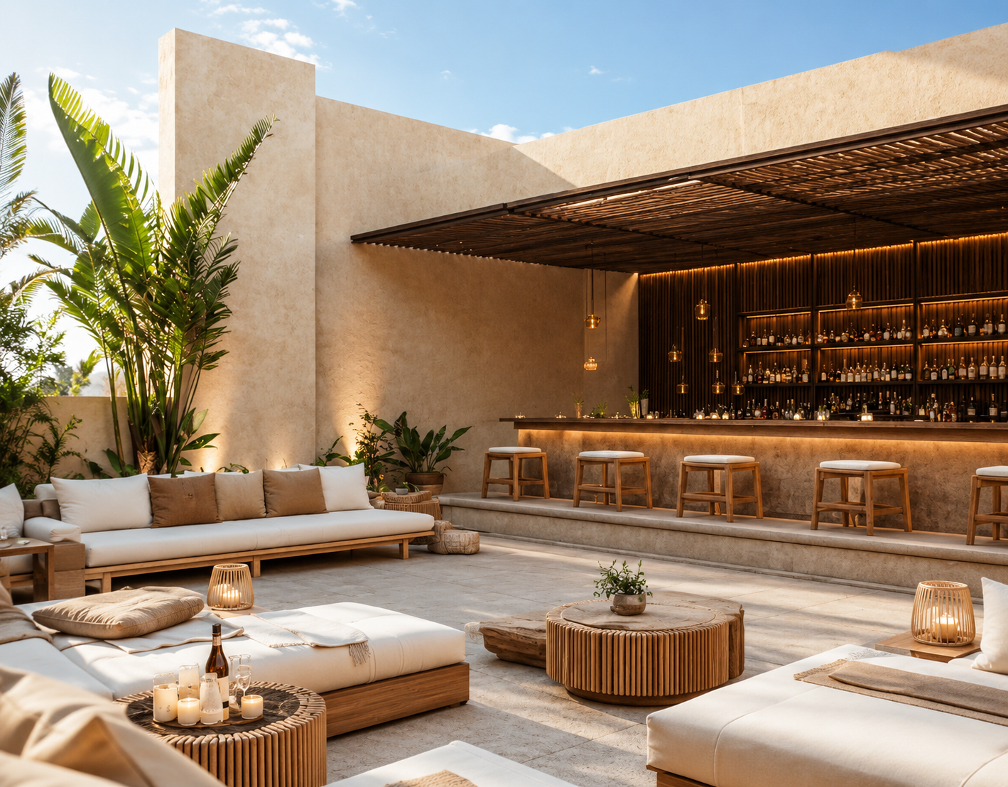 Sunlit rooftop lounge and bar